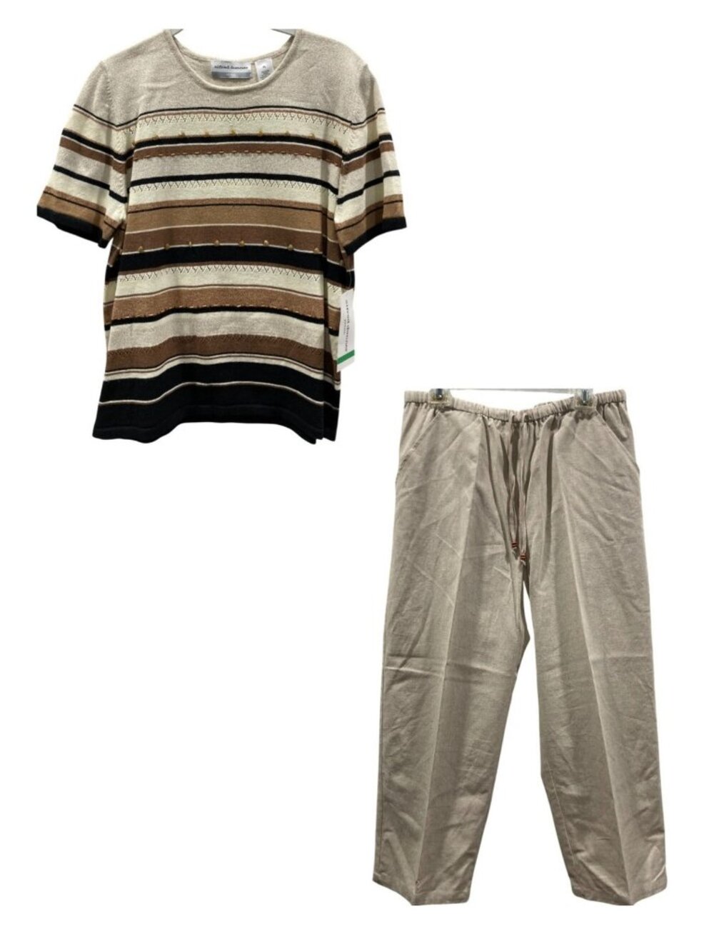 Alfred Dunner Knit Sweater Top Pull On Pants Set PL Neutral Stripe Casual Sailor